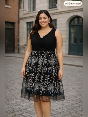 Adrianna Papell 22W Black & White Embroidered Fit & Flare Dress – NWT $169 MSRP